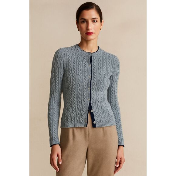 Amina Rubinacci Cable Knit Crewneck Cardigan Sweater  in Gray 8 - Picture 1 of 11